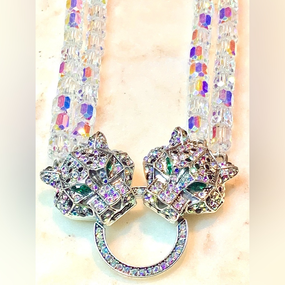 EYE CANDY CRYSTAL PANTHER HEAD NECKLACE AURORAL BOREALIS NEW TWO STRAND SILVER